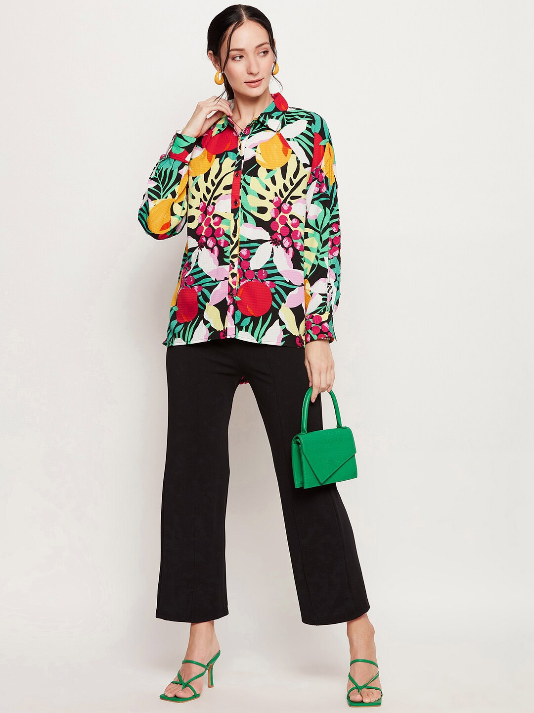 

Ruhaans Classic Floral Printed Opaque Oversized Casual Shirt, Red