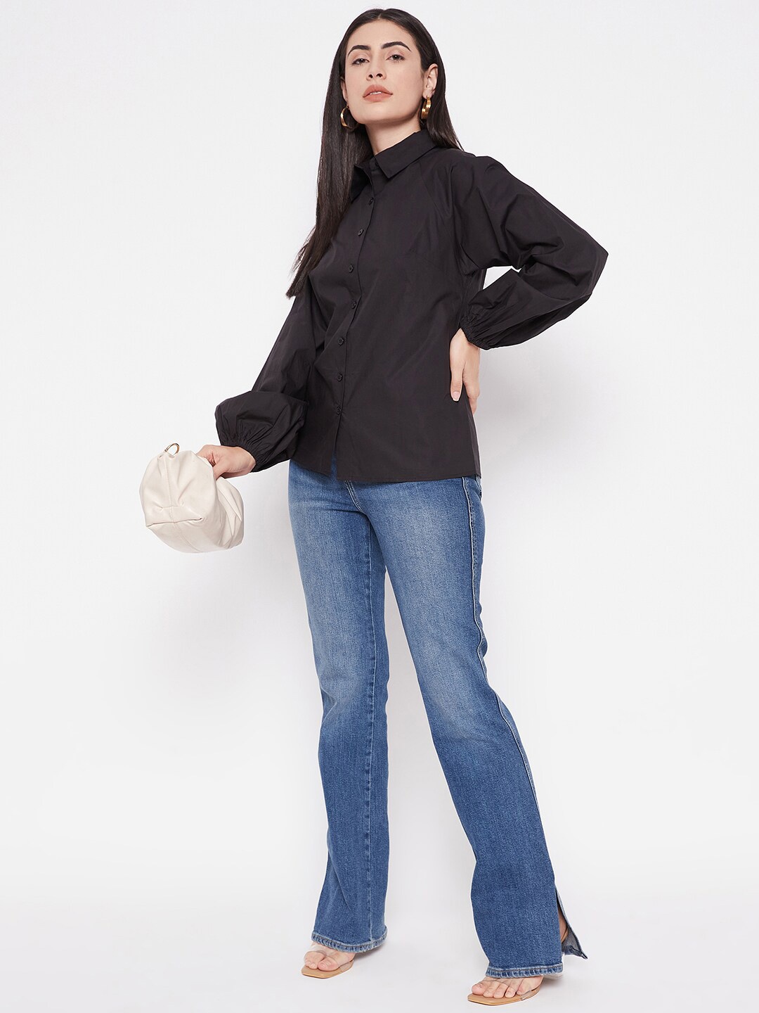 

Ruhaans Classic Puff Sleeves Cotton Poplin Casual Shirt, Black