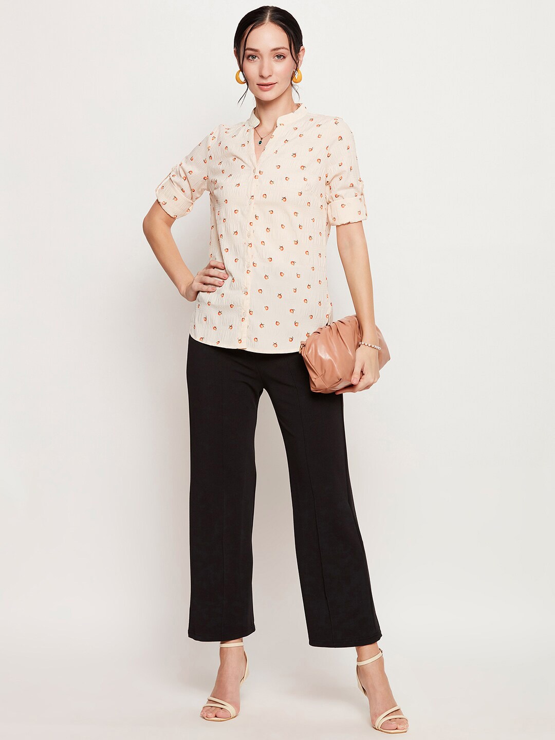 

Ruhaans Classic Tropical Printed Mandarin Collar Roll-Up Sleeves Casual Shirt, Cream