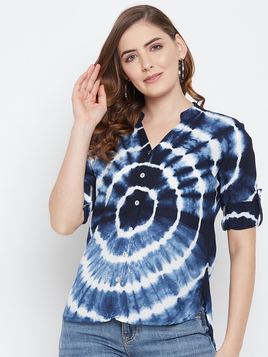 

Ruhaans Classic Tie & Dye Dyed Mandarin Collar Roll-Up Sleeves Casual Shirt, Navy blue