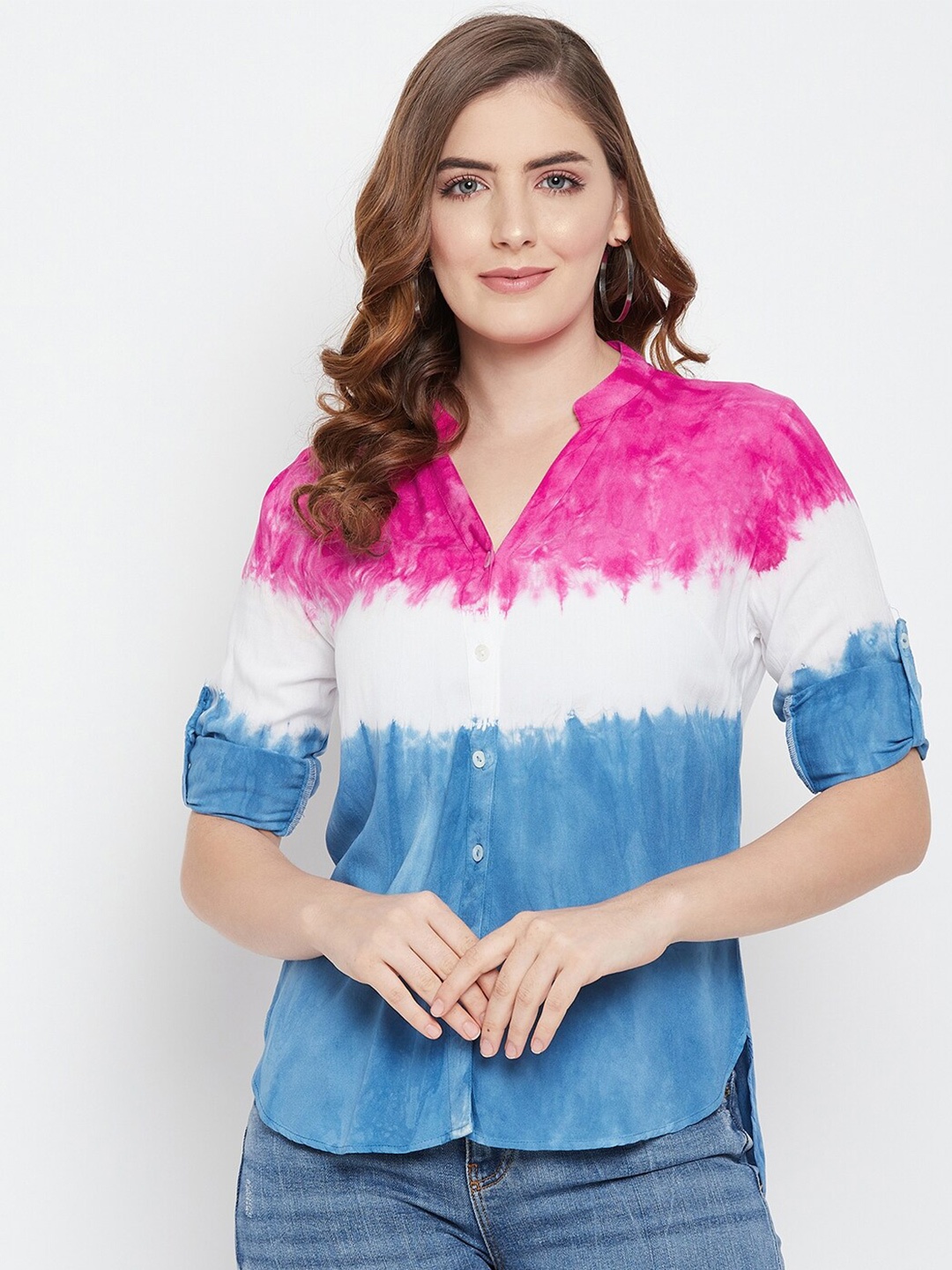 

Ruhaans Classic Tie & Dye Dyed Mandarin Collar Roll-Up Sleeves High-Low Casual Shirt, Pink