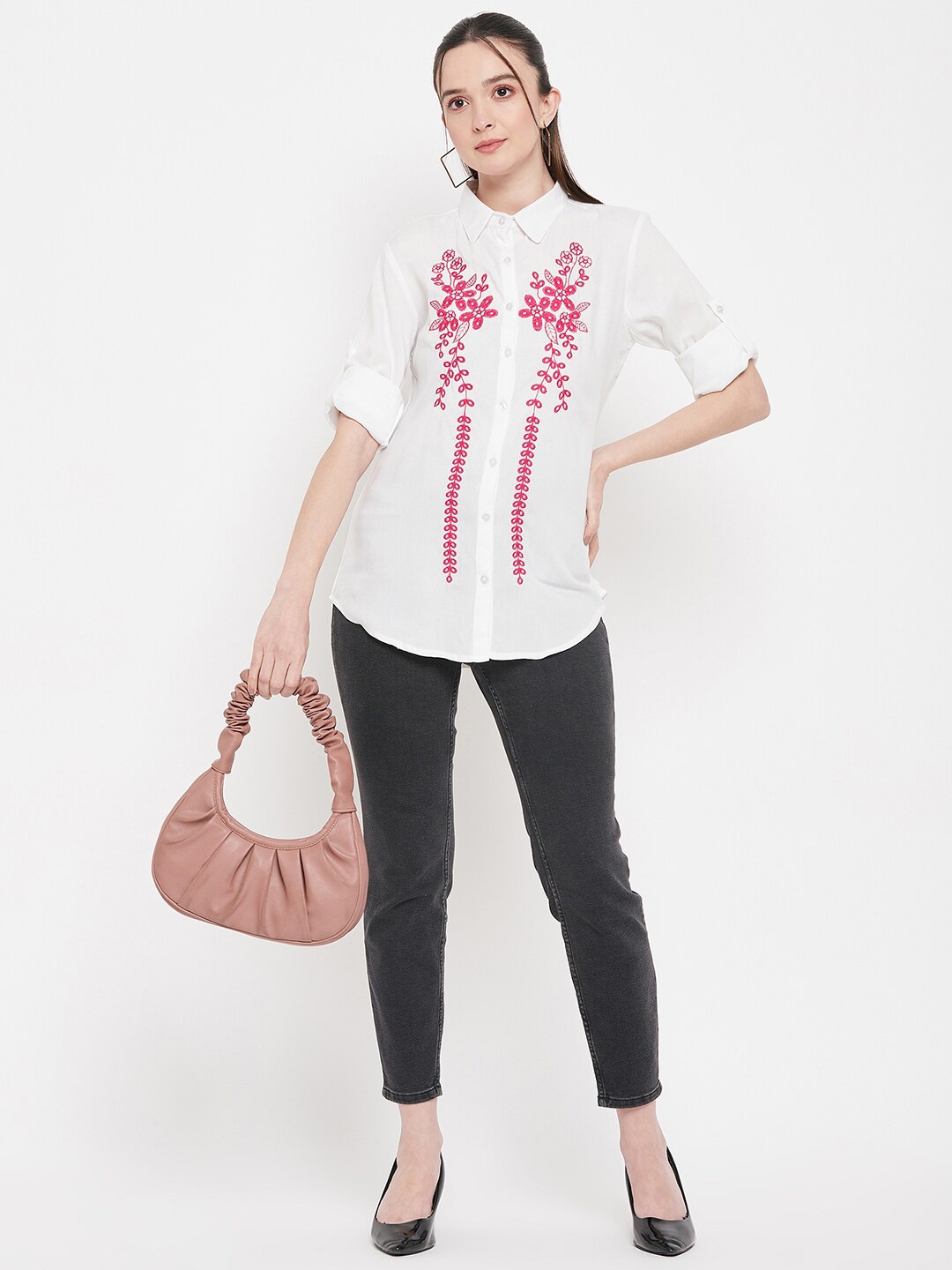 

Ruhaans Classic Floral Embroidered Roll-Up Sleeves Casual Shirt, White