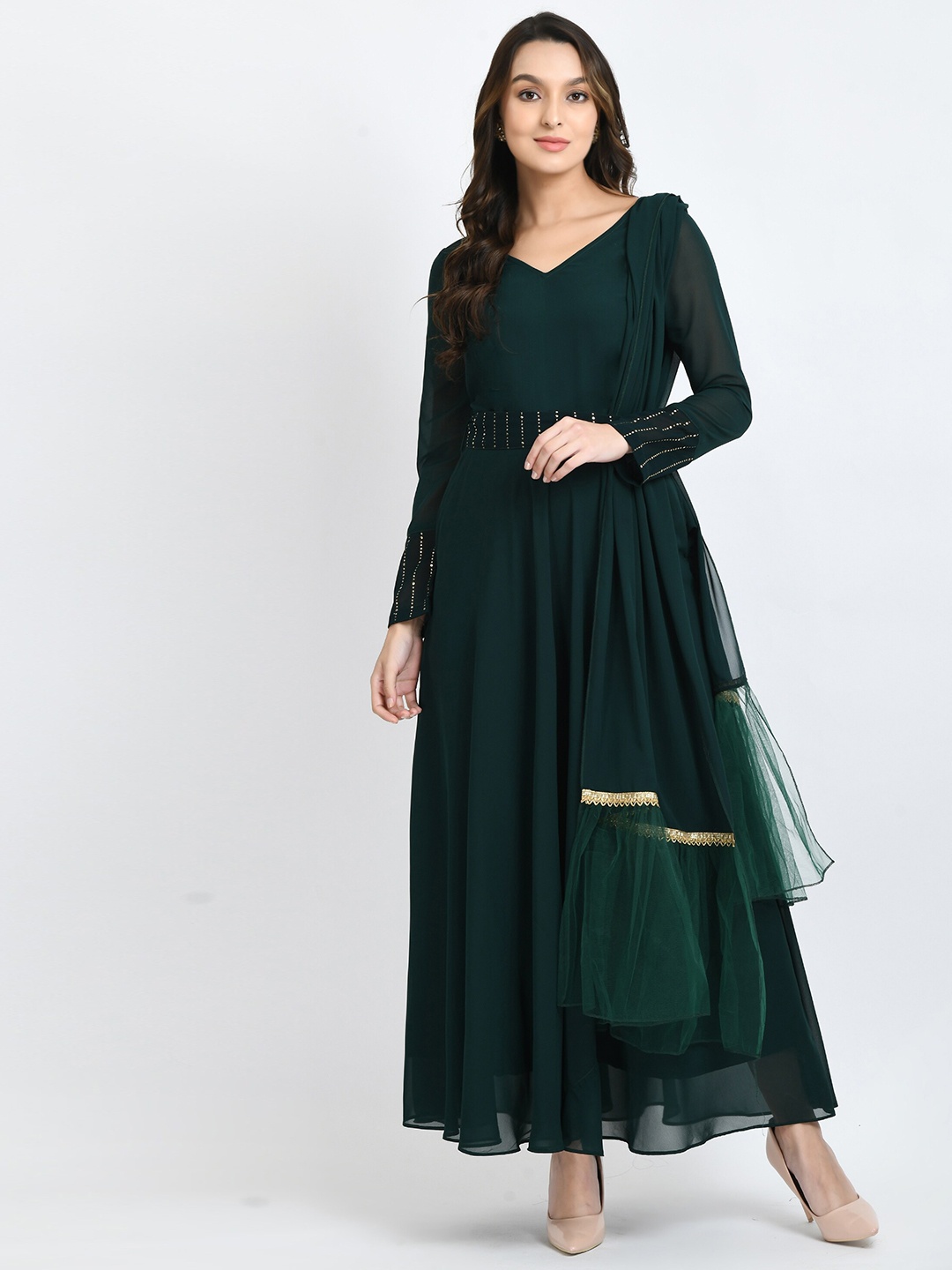 

V&M V-neck Flared Maxi Dress Belt & Dupatta, Green