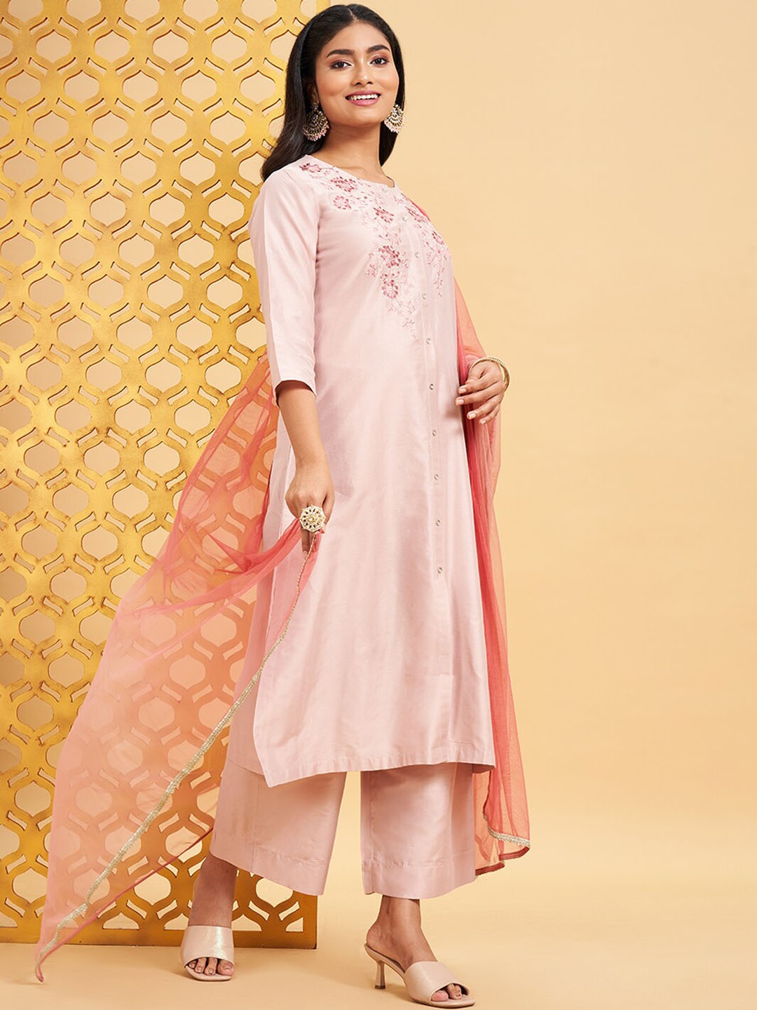 

RANGMANCH BY PANTALOONS Ethnic Motif Embroidered Thread Work Kurta With Palazzos & Dupatta, Peach