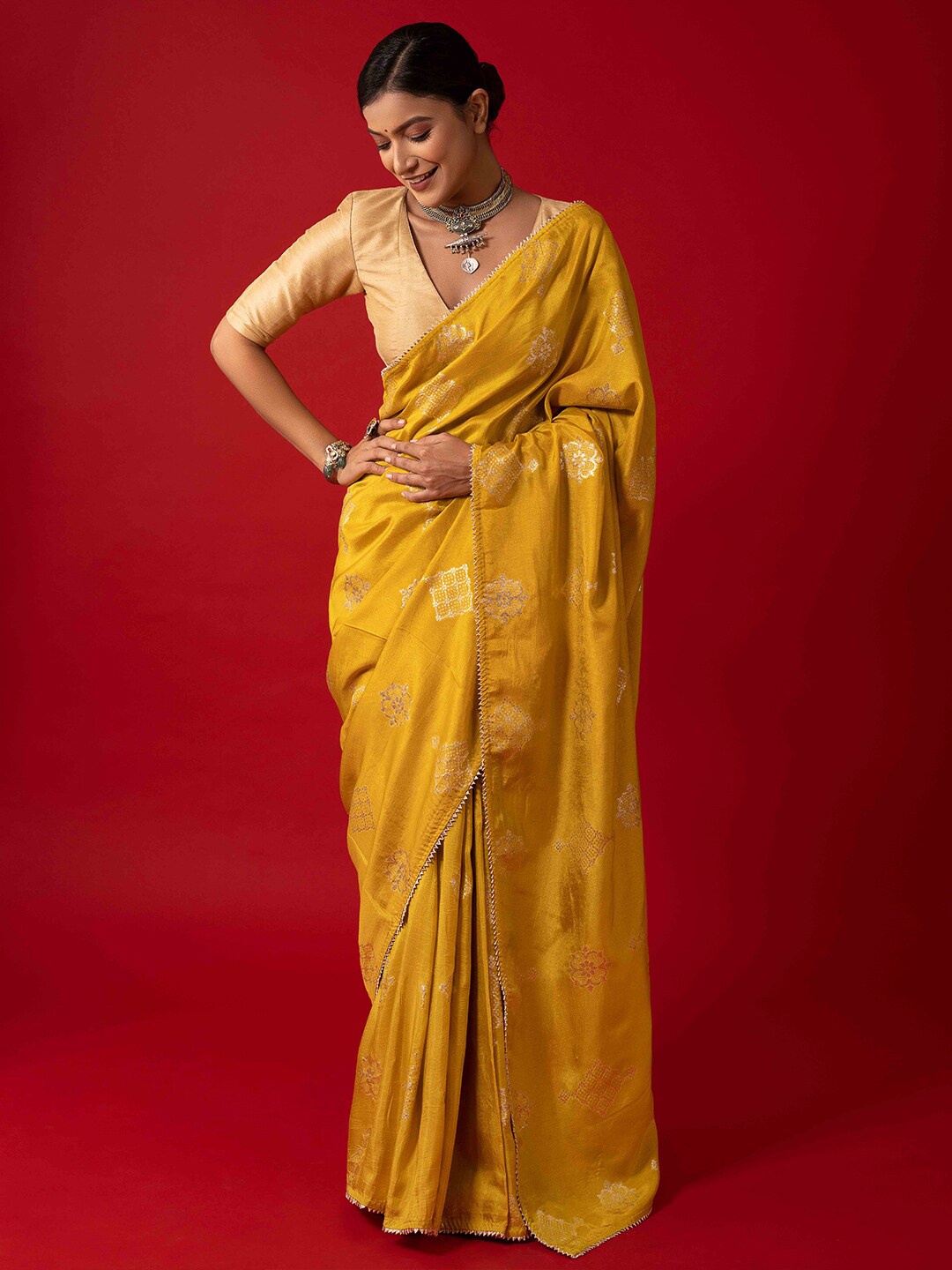 

saree.com Ethnic Motifs Woven Design Zari Saree, Mustard