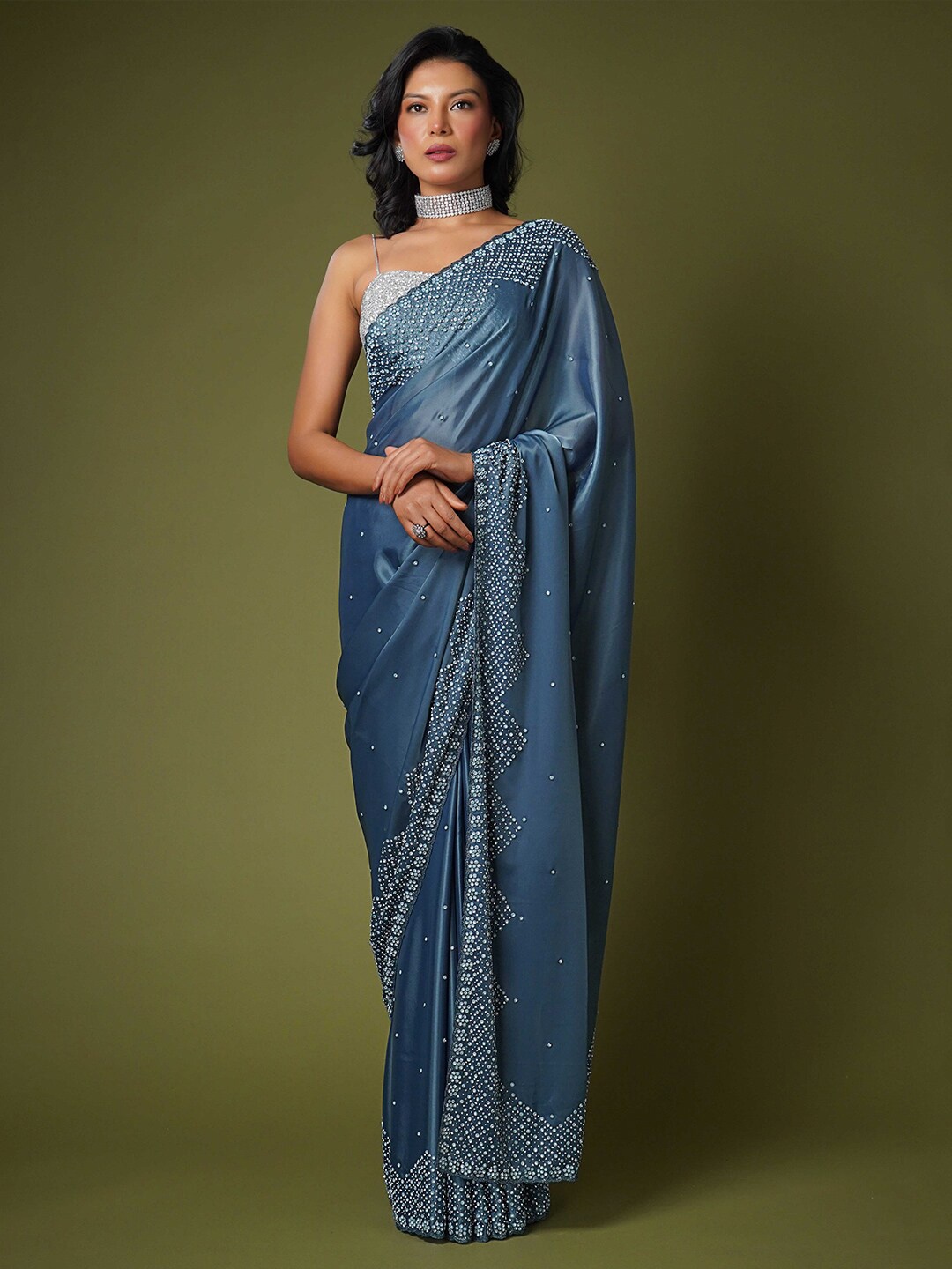 

saree.com Floral Embellished Beads And Stones Saree, Blue