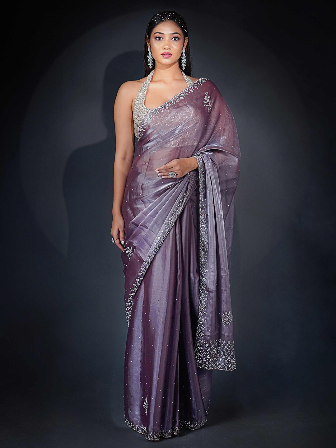 

saree.com Floral Embroidered Beads And Stones Satin Saree, Purple