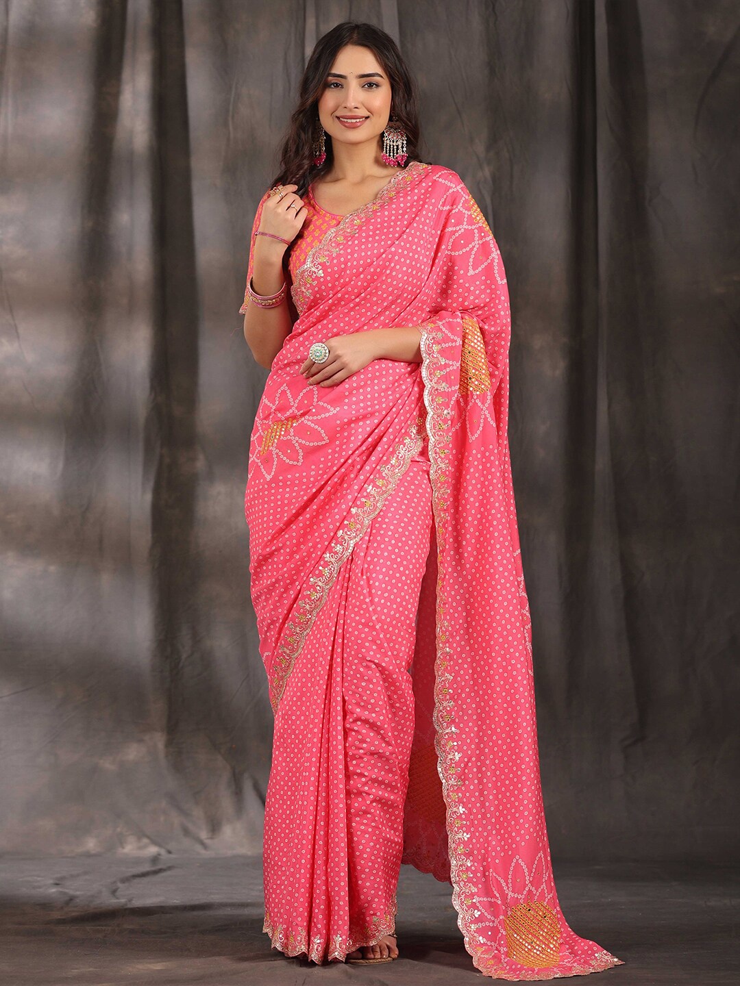 

saree.com Bandhani Printed Sequinned Embroidered Saree, Pink