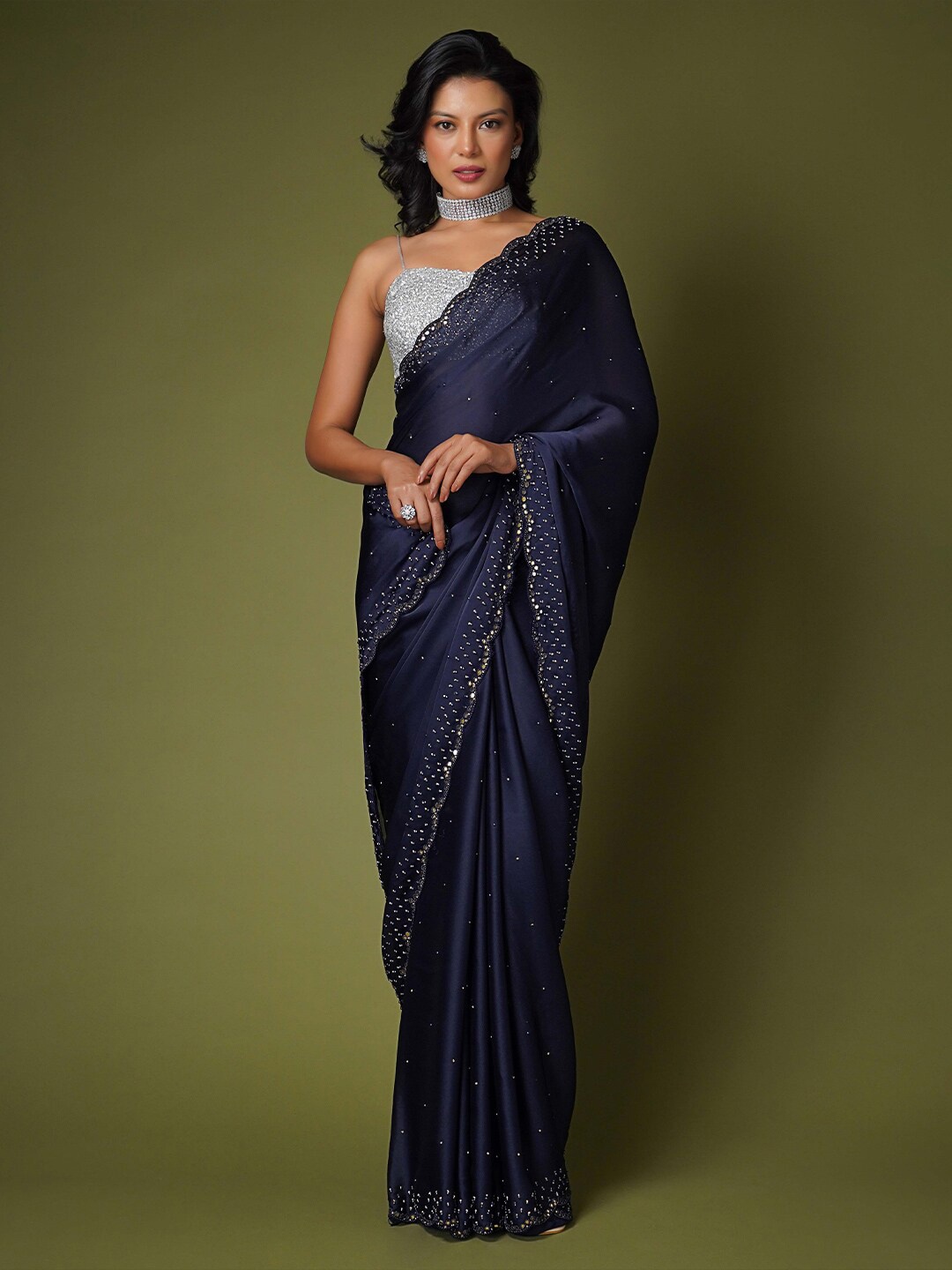 

saree.com Floral Embellished Beads And Stones Satin Saree, Blue
