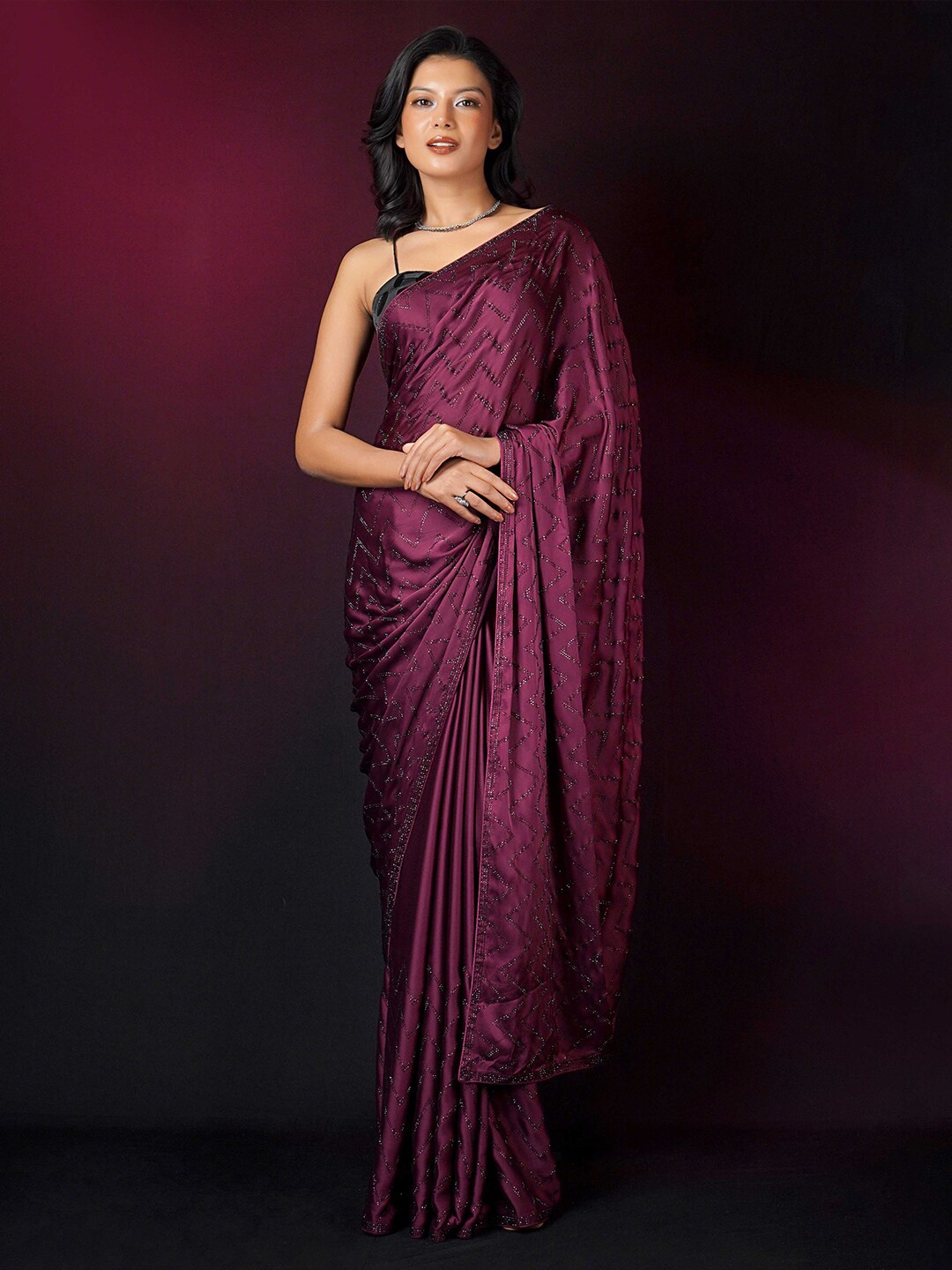 

saree.com Geometric Beads And Stones Embellished Satin Saree, Purple