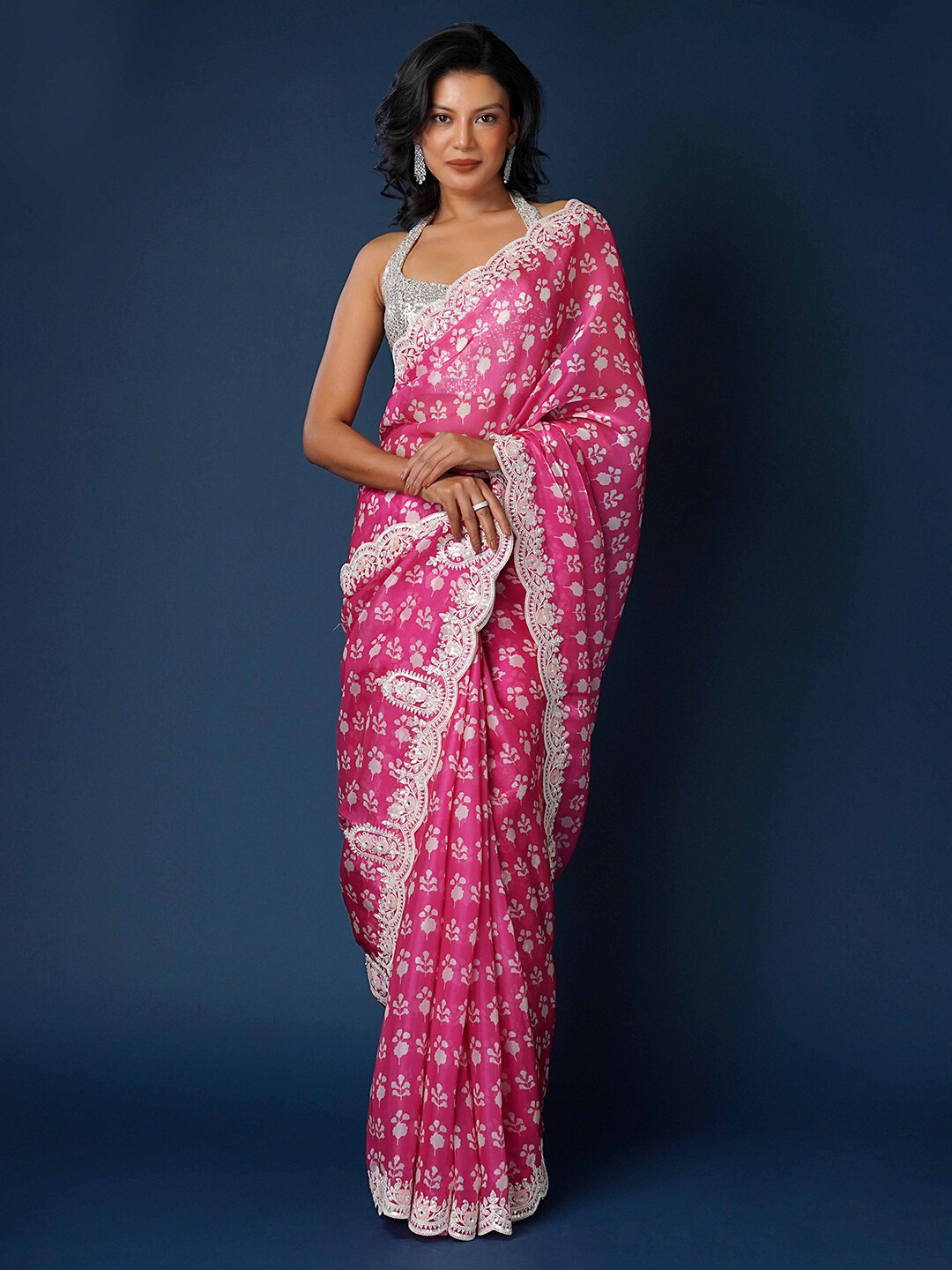 

saree.com Floral Printed Sequinned Organza Saree, Pink