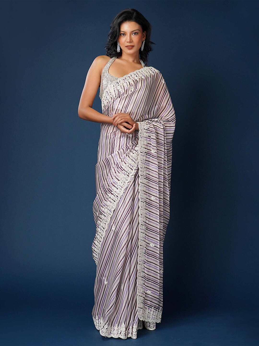 

saree.com Striped Printed Sequinned Embroidered Satin Saree, White