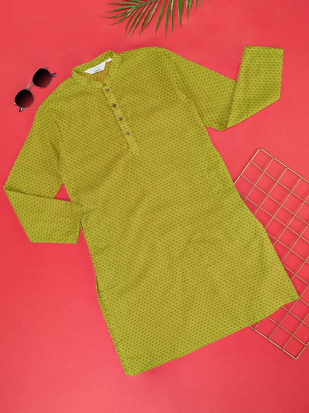 

indus route by Pantaloons Boys Geometric Printed Pure Cotton Kurta, Green