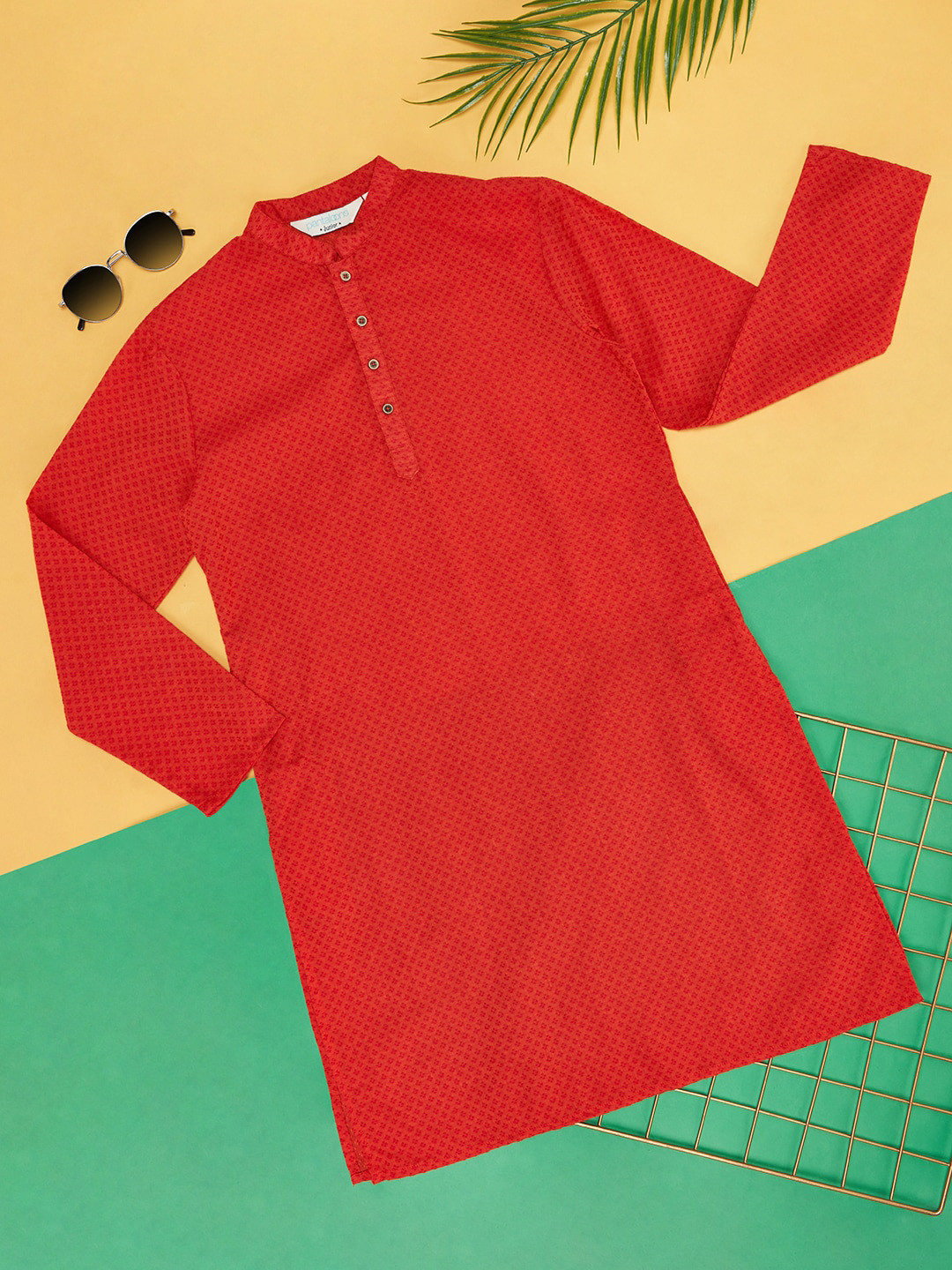 

indus route by Pantaloons Boys Ethnic Motifs Woven Design Mandarin Collar Kurta, Red