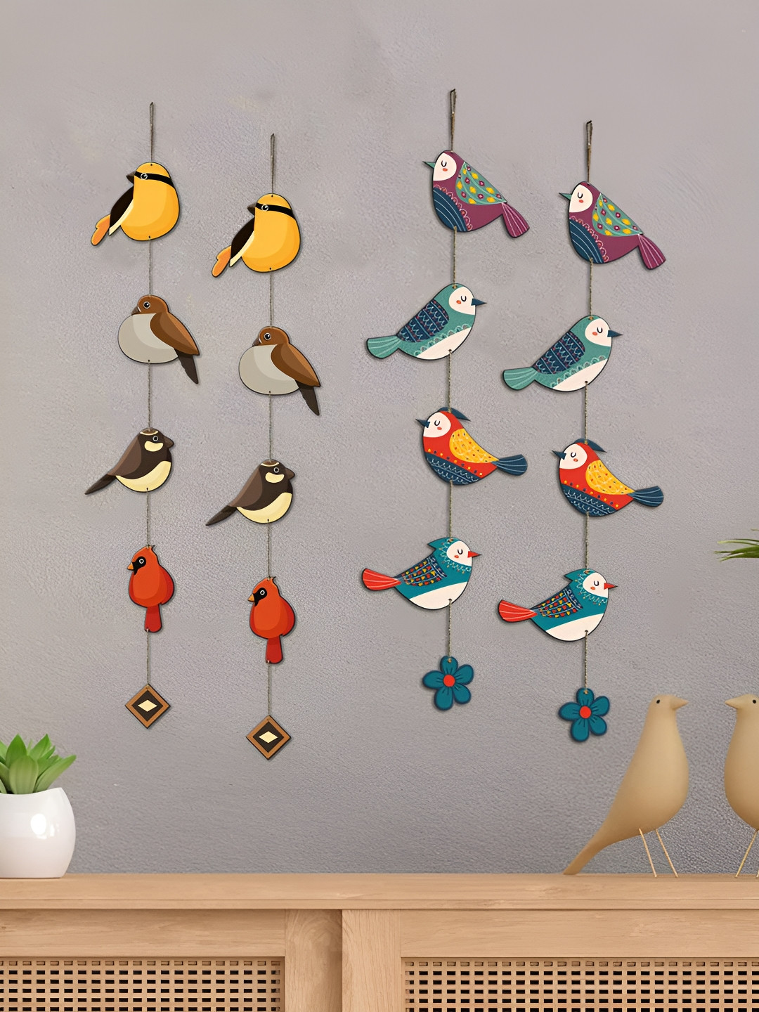 

ArtVibes Red & Blue 4 Pieces Birds Shape Wooden Wall Hangings