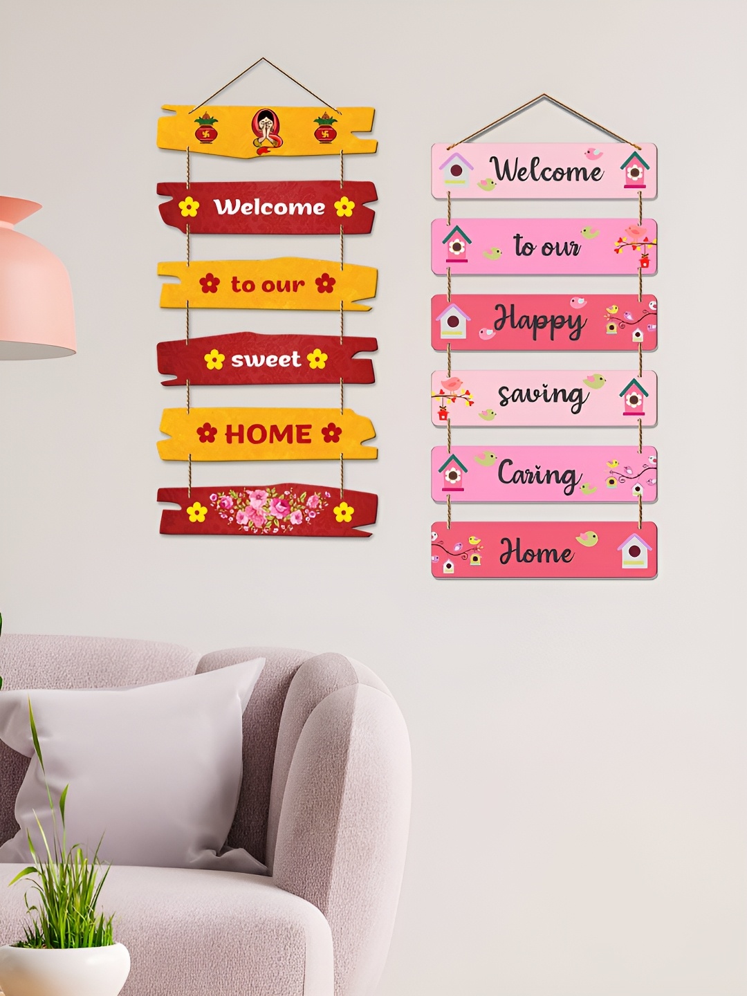

ArtVibes Pink & Yellow 2 Pieces Quote Painted Wooden Wall Hangings