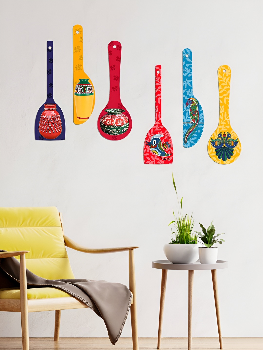 

ArtVibes Pink & Blue 6 Pieces Floral Painted Wooden Wall Hangings, Yellow