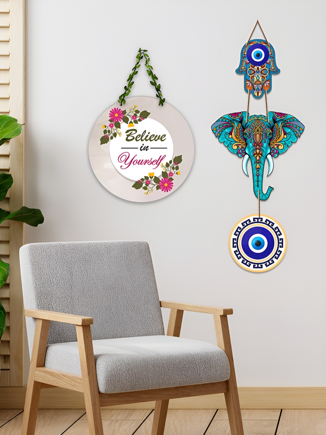 

ArtVibes White & Blue 2 Pieces Floral Painted Wooden Wall Hangings