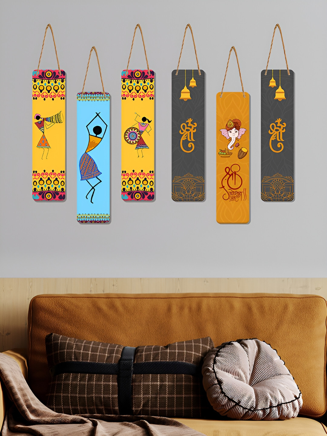 

ArtVibes Grey & Yellow 6 Pieces Accent Art Painted Wooden Wall Hangings