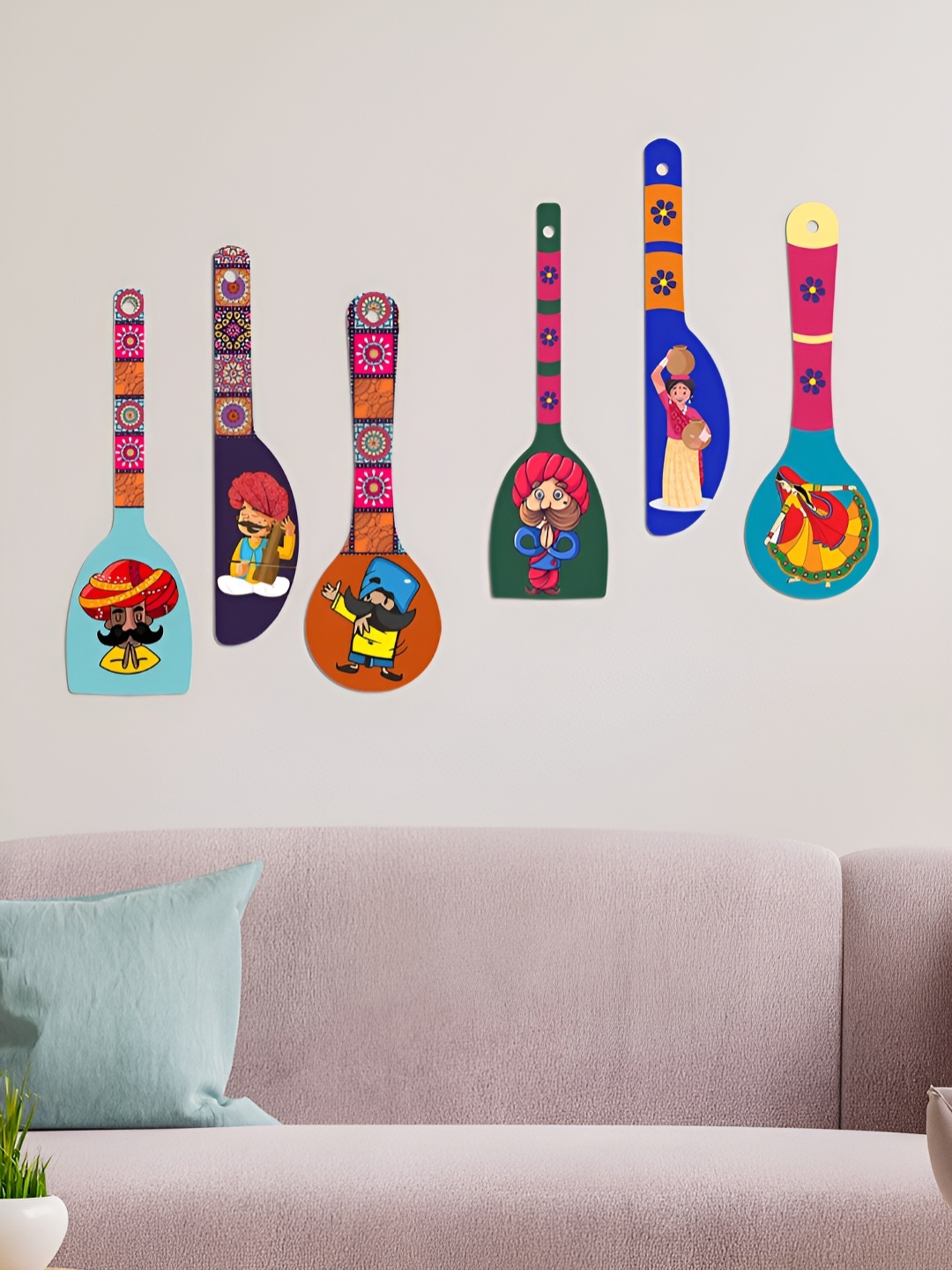 ArtVibes Blue & Pink 6 Pieces Art Painted Wooden Wall Hangings