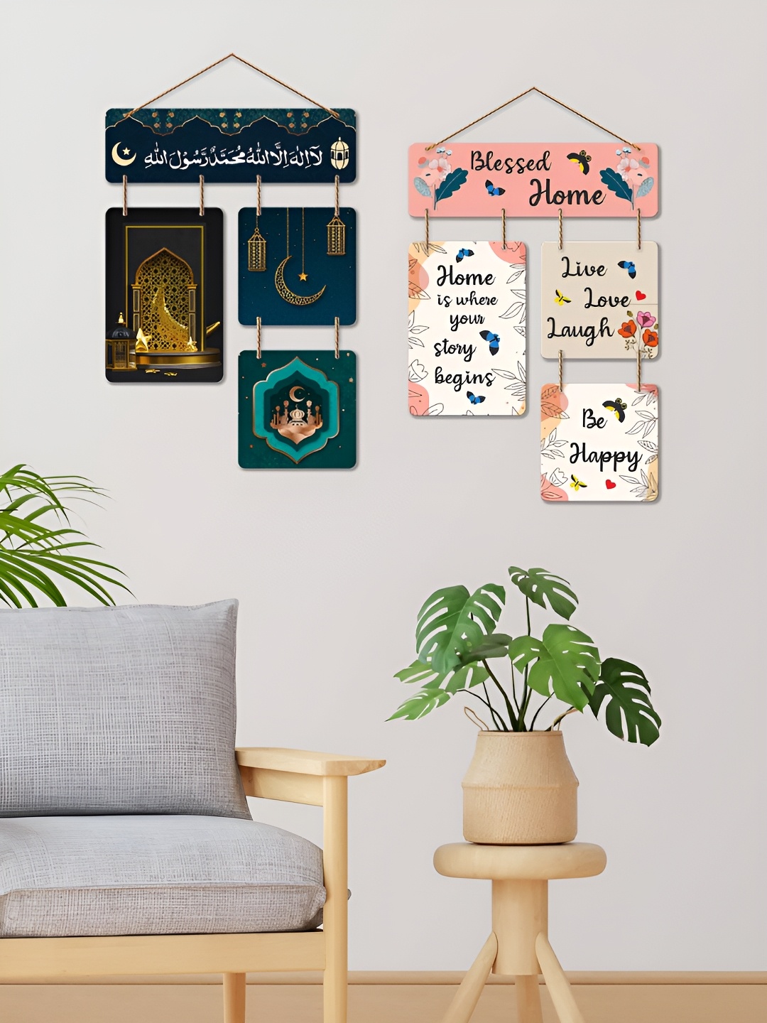 ArtVibes Pink & Blue 2 Pieces Quote Painted Wooden Wall Hangings
