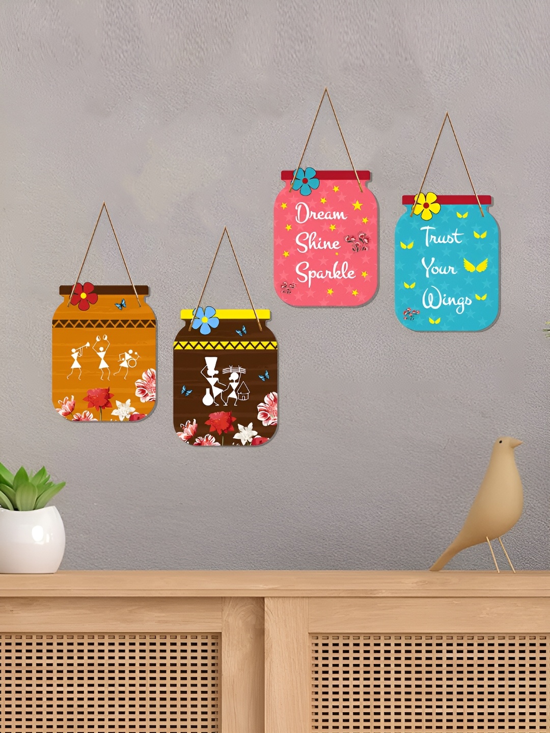 

ArtVibes Blue & Pink 4 Pieces Printed Wooden Wall Hangings