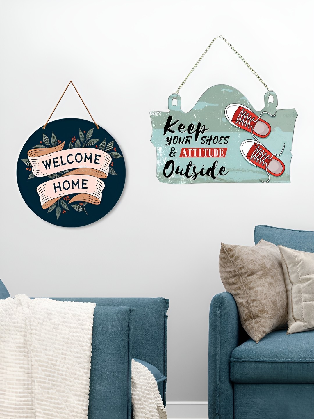 

ArtVibes Blue & Navy Blue 2 Pieces Printed Wooden Wall Hangings