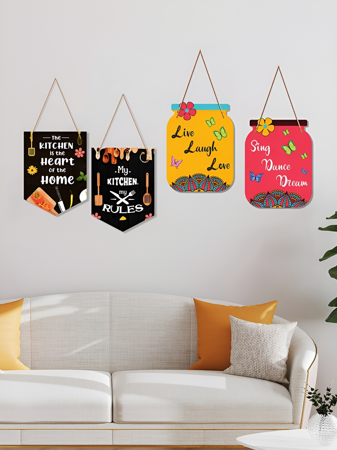 

ArtVibes Black & Yellow 4 Pieces Printed Wooden Wall Hangings