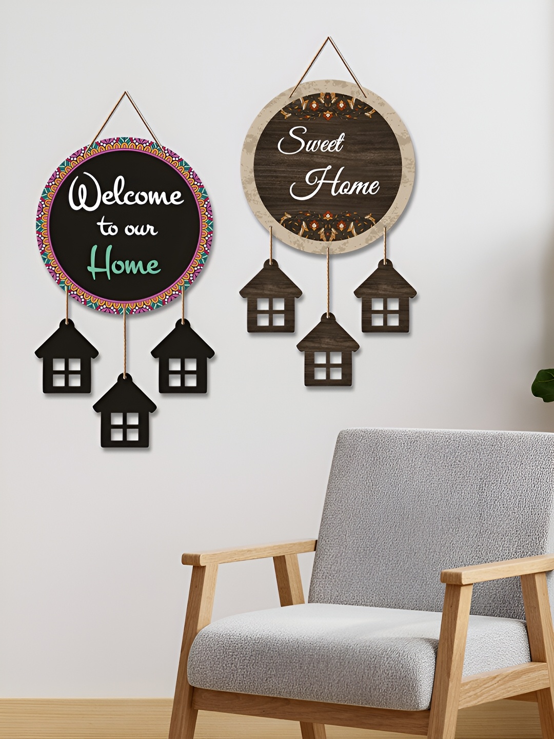 

ArtVibes Blue & Brown 2 Pieces Printed Wooden Wall Hangings, Black
