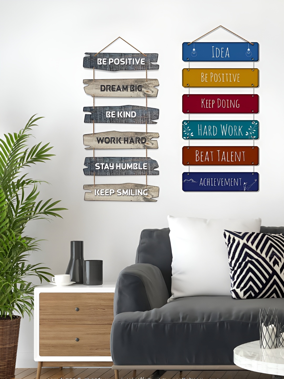 

ArtVibes Grey & Blue 2 Pieces Printed Wooden Wall Hangings