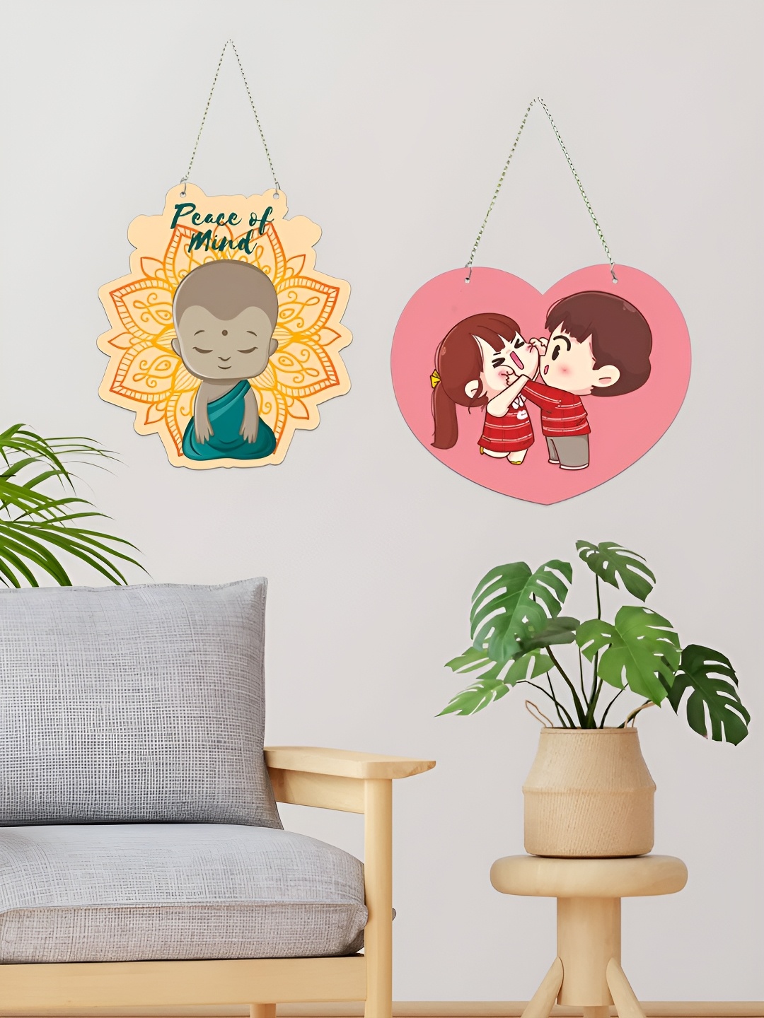 

ArtVibes Pink & Yellow 2 Pieces Printed Wooden Wall Hangings