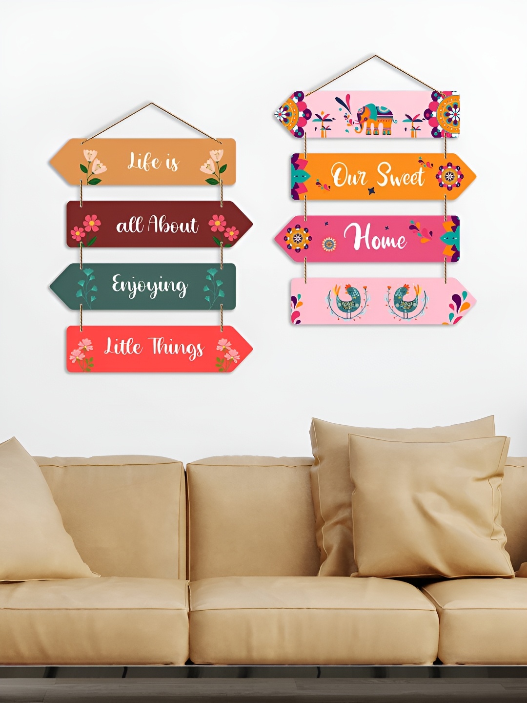 

ArtVibes Pink & Yellow 2 Pieces Printed Wooden Wall Hangings