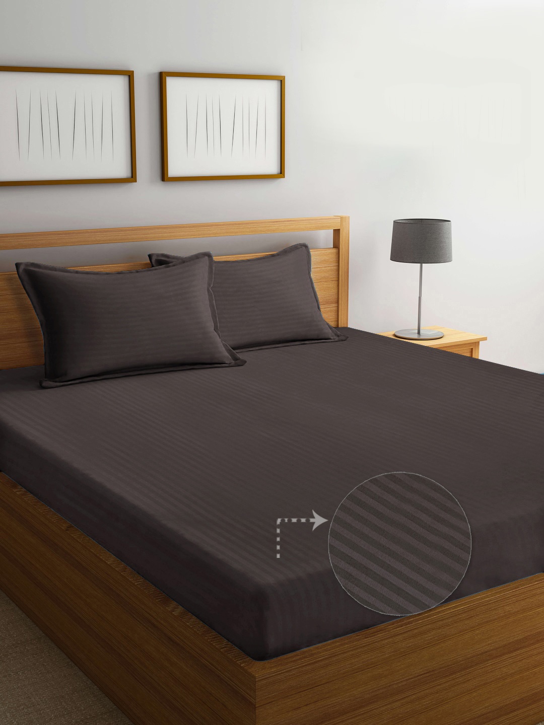 

FABINALIV Coffee Brown Striped Print 300 TC Fitted King Bedsheet & 2 Pillow Covers