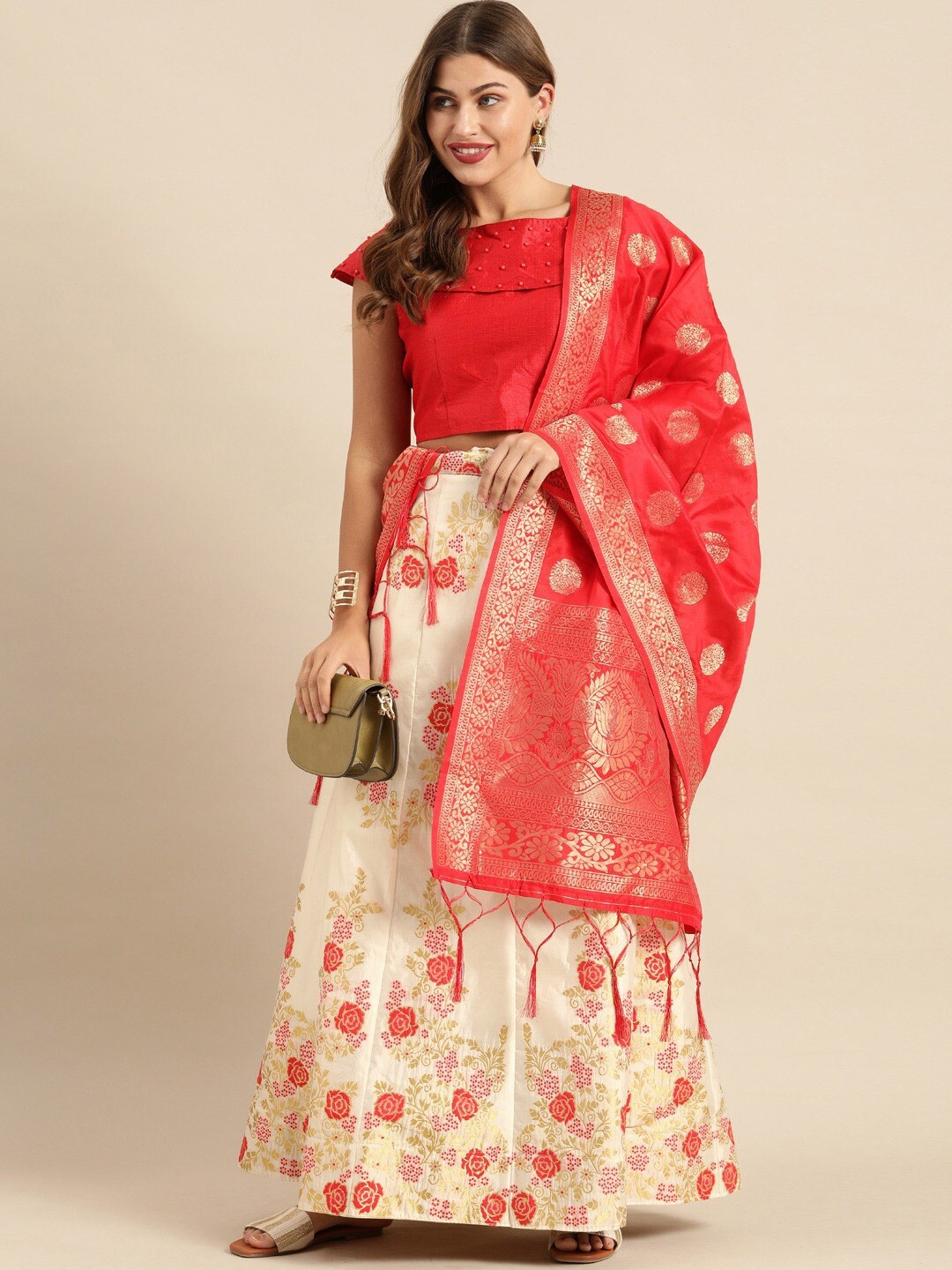 

KALINI Woven Design Semi-Stitched Lehenga & Blouse With Dupatta, Cream