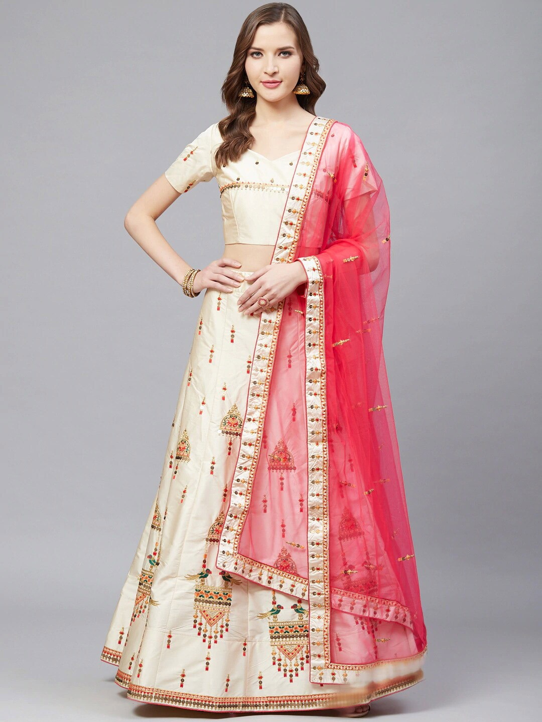 

KALINI Embroidered Thread Work Semi-Stitched Lehenga & Blouse With Dupatta, Cream