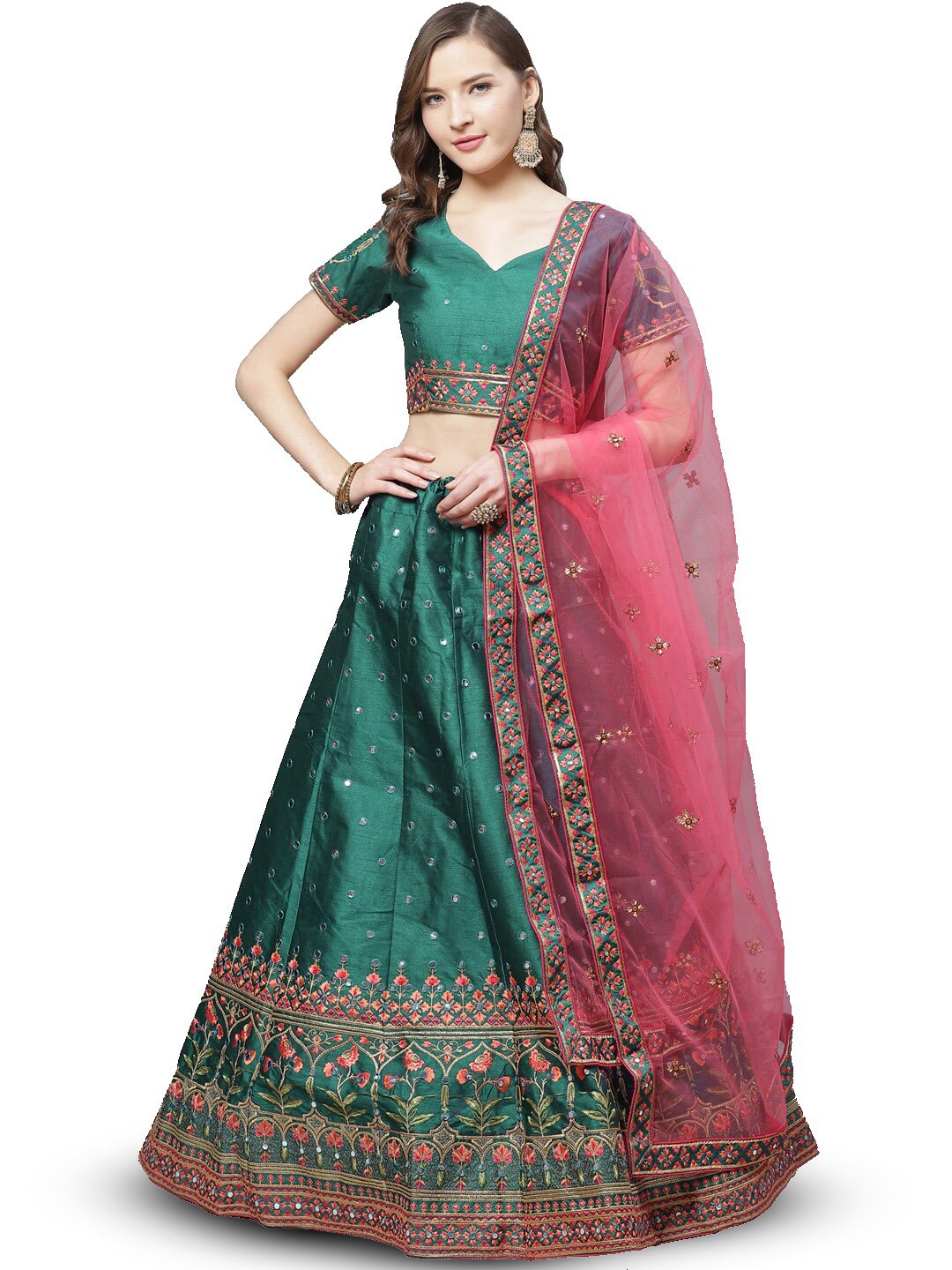 

KALINI Embroidered Semi-Stitched Lehenga & Blouse With Dupatta, Teal