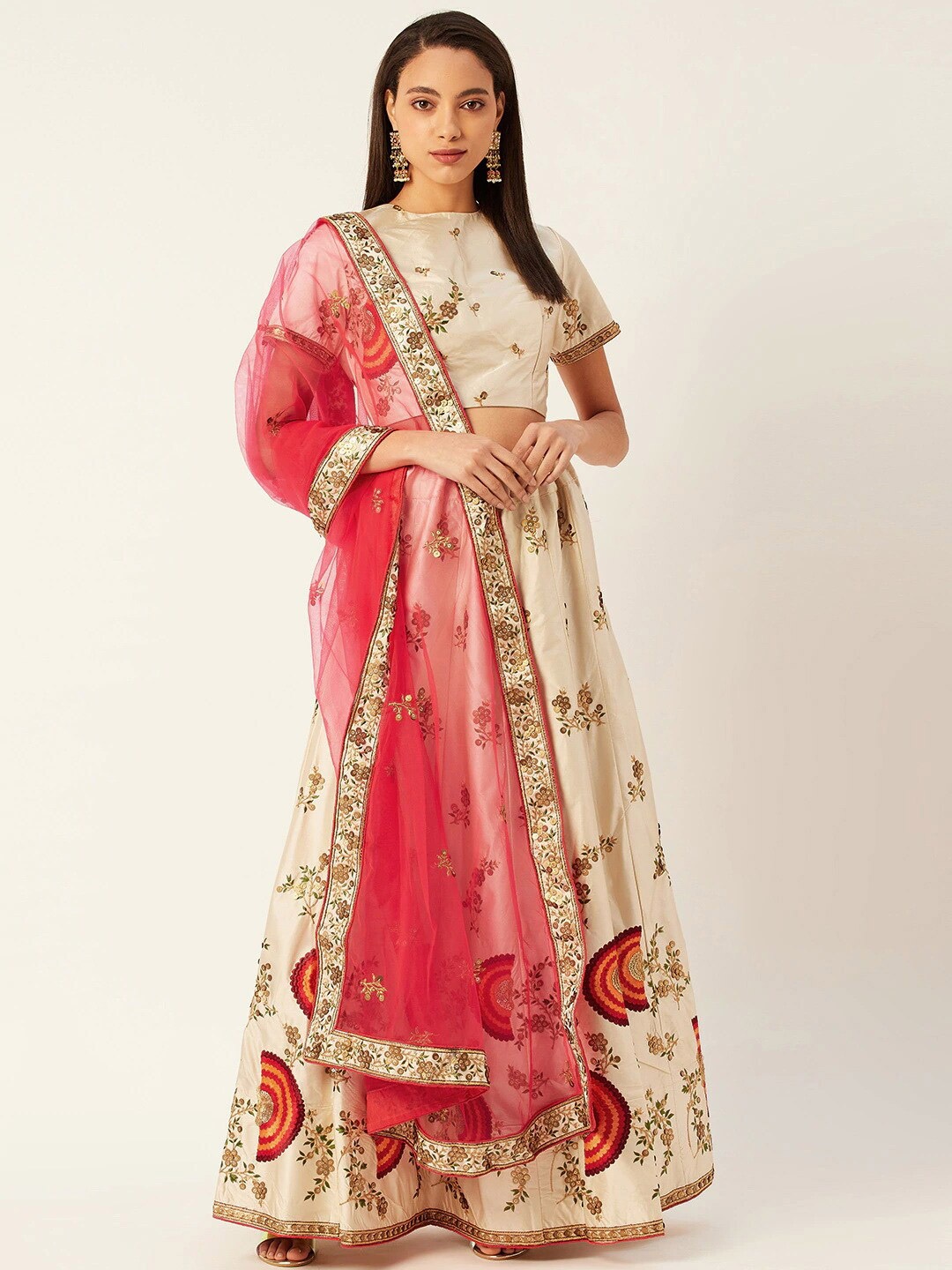 

KALINI Embroidered Thread Work Semi-Stitched Lehenga & Blouse With Dupatta, Beige
