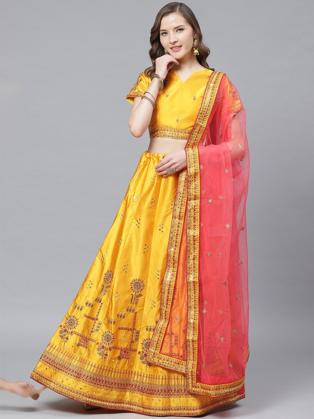 

KALINI Embroidered Thread Work Semi-Stitched Lehenga & Blouse With Dupatta, Mustard