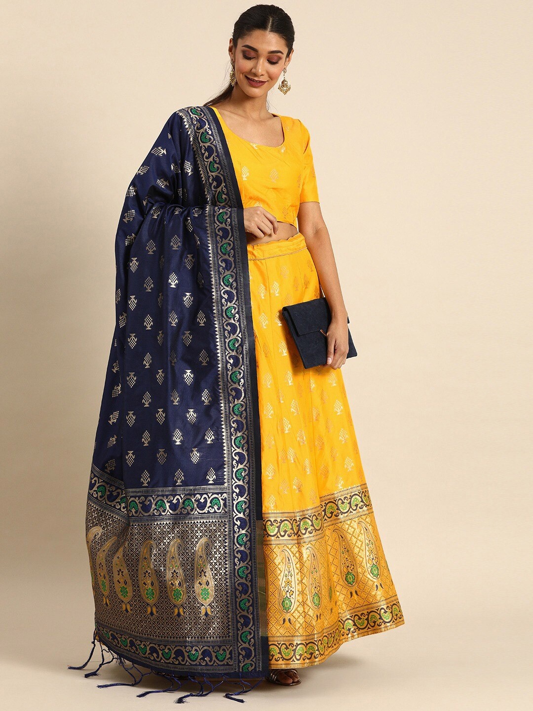 

KALINI Woven Design Semi-Stitched Lehenga & Blouse With Dupatta, Mustard