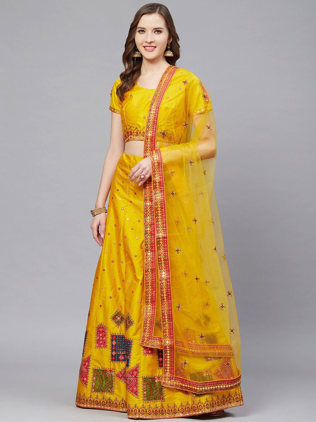 

KALINI Embroidered Thread Work Semi-Stitched Lehenga & Blouse With Dupatta, Mustard