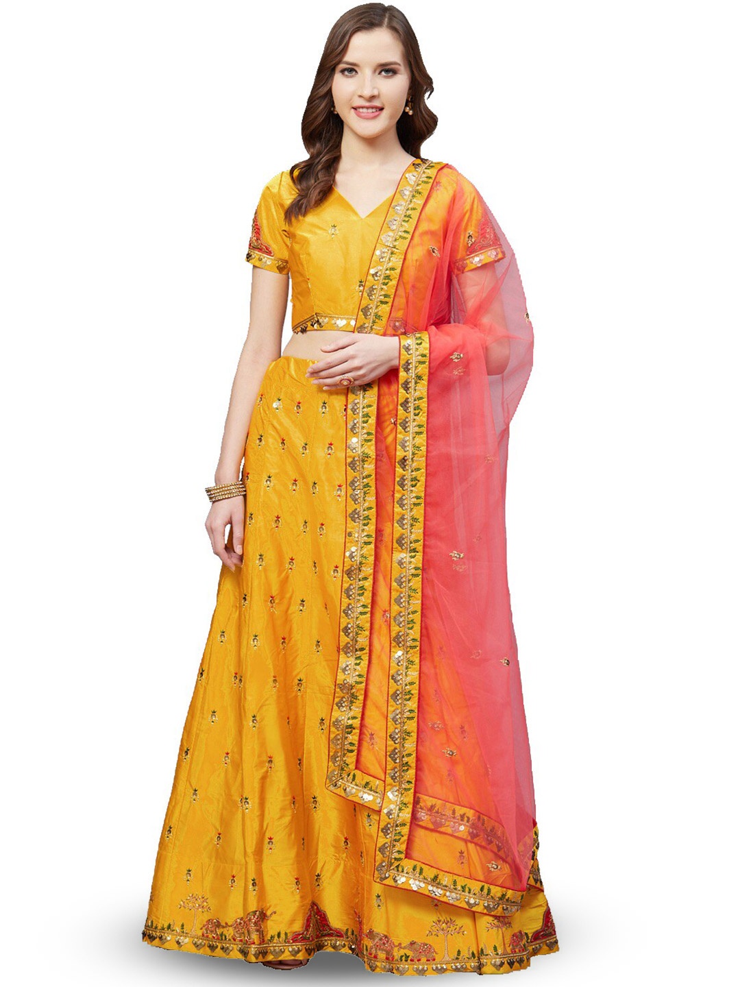 

KALINI Embroidered Thread Work Semi-Stitched Lehenga & Blouse With Dupatta, Mustard