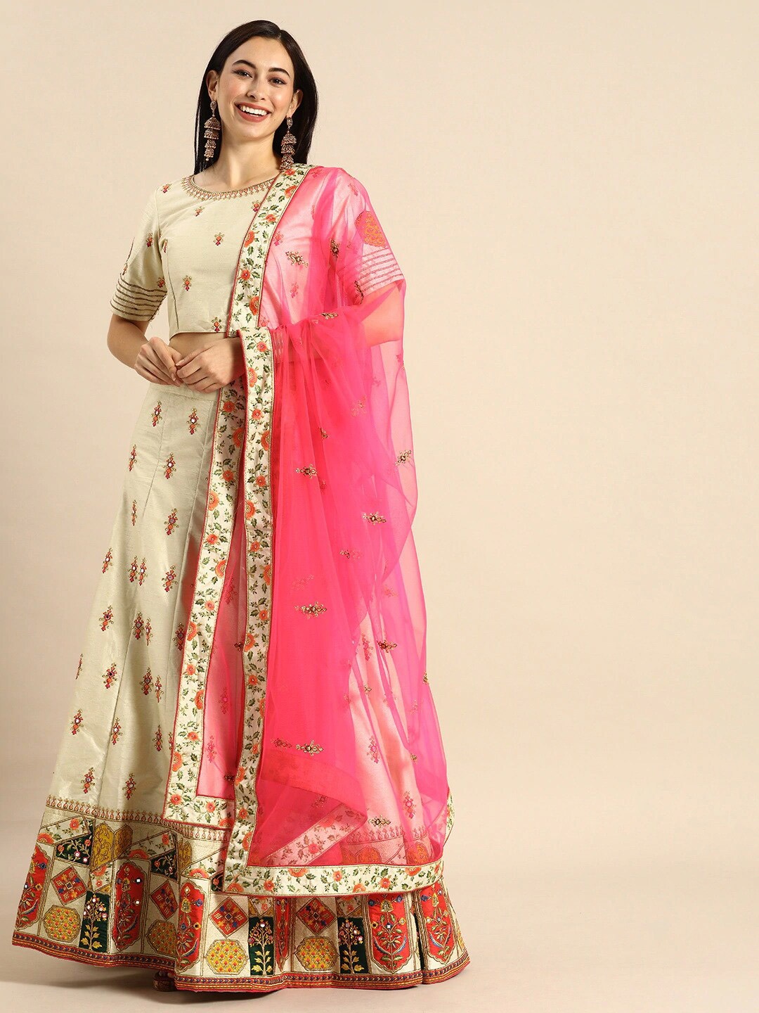 

KALINI Embroidered Thread Work Semi-Stitched Lehenga & Blouse With Dupatta, Cream