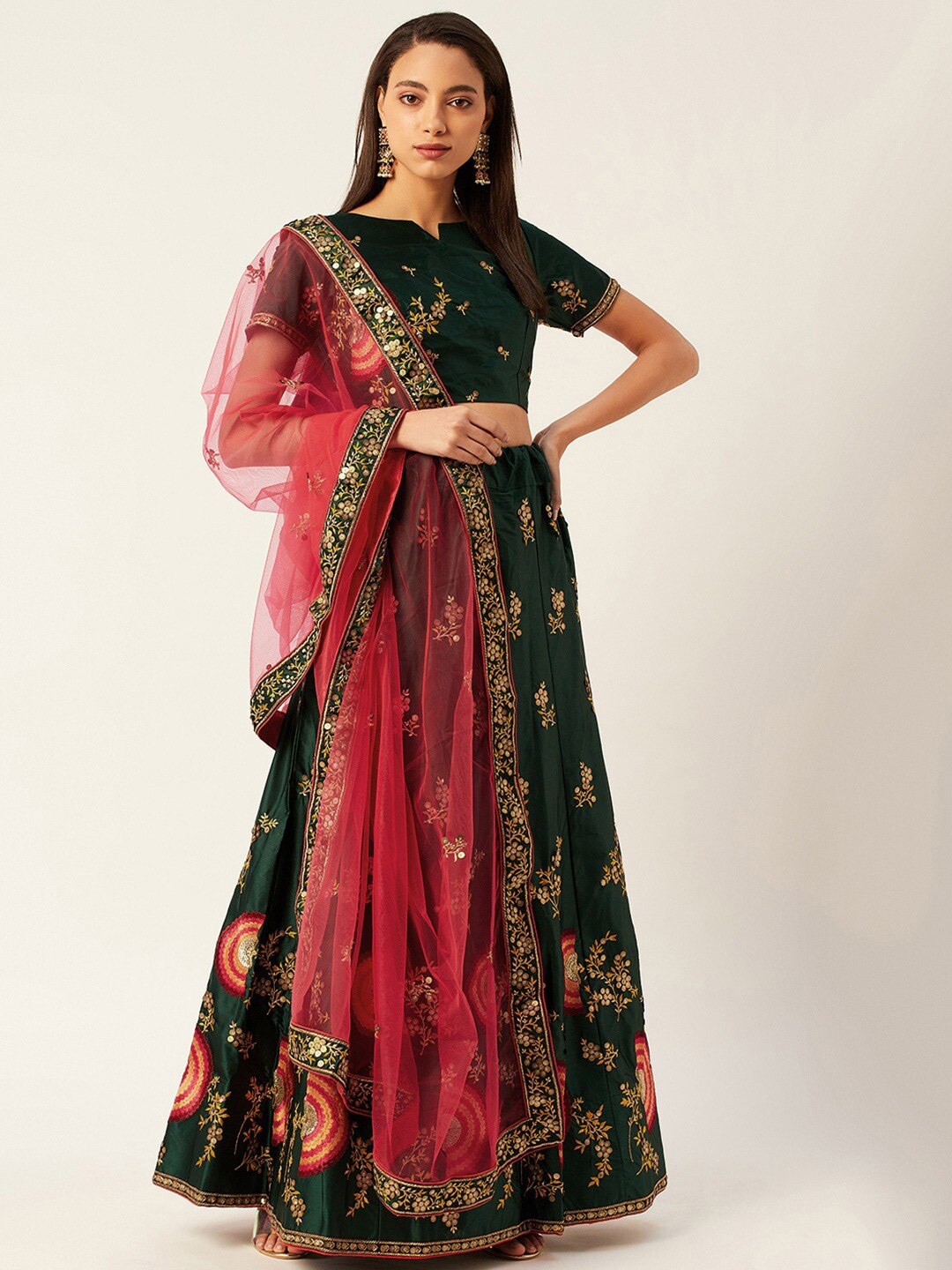 

KALINI Embroidered Thread Work Semi-Stitched Lehenga & Blouse With Dupatta, Green
