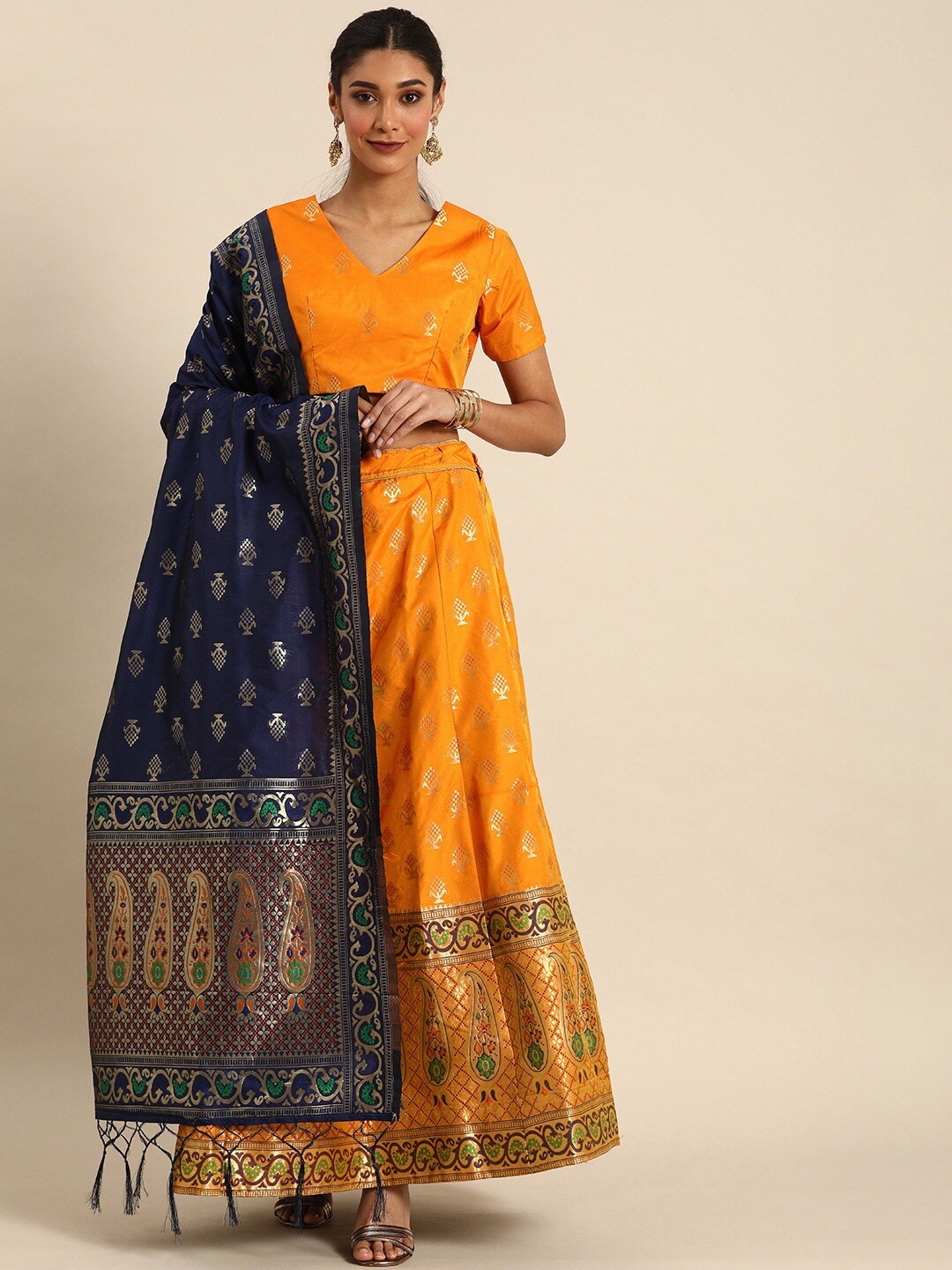 

KALINI Woven Design Semi-Stitched Lehenga & Blouse With Dupatta, Mustard