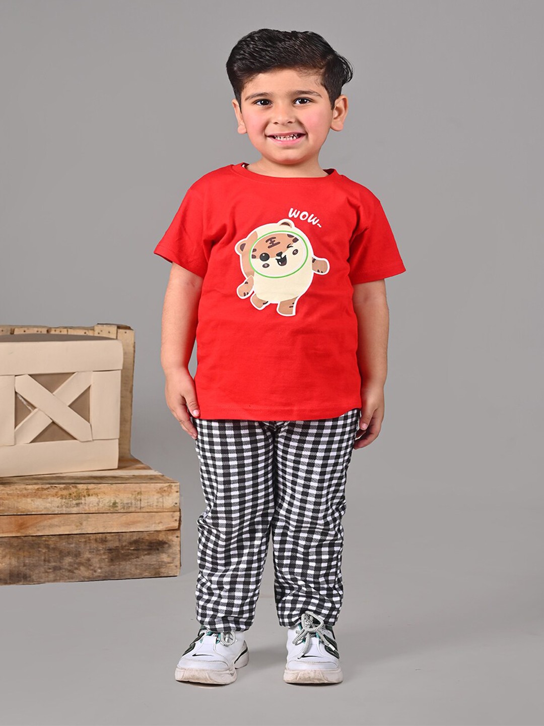 

BAESD Boys Checked Pure Cotton T-shirt With Trouser, Red