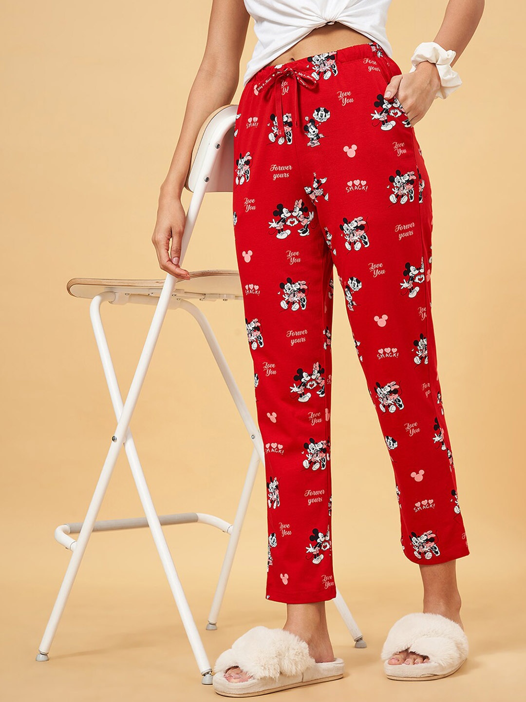 

Dreamz by Pantaloons Women Mickey Printed Pure Cotton Lounge Pants, Red