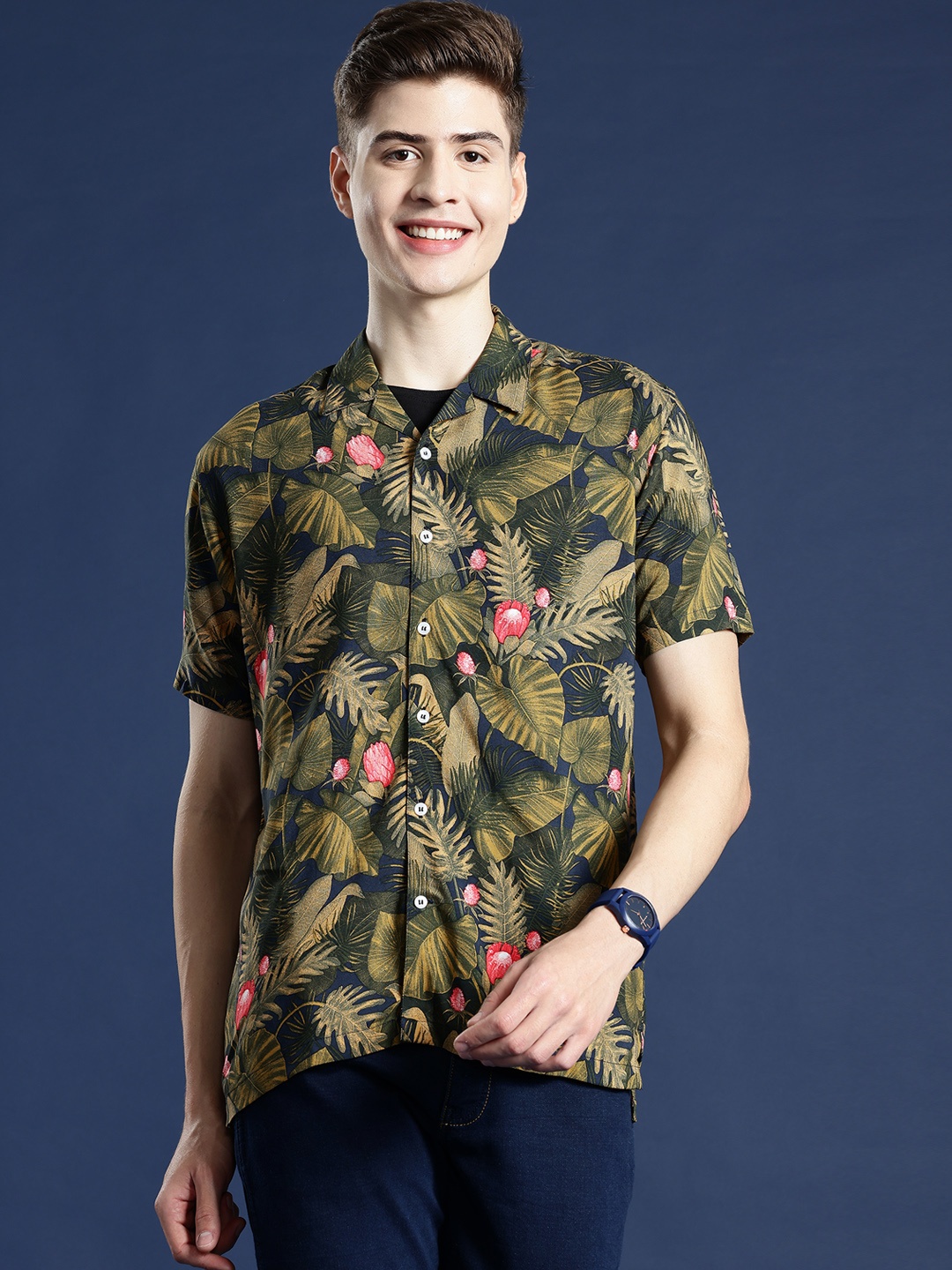

Mast & Harbour Men Floral Printed Cuban Collar Casual Shirt, Olive