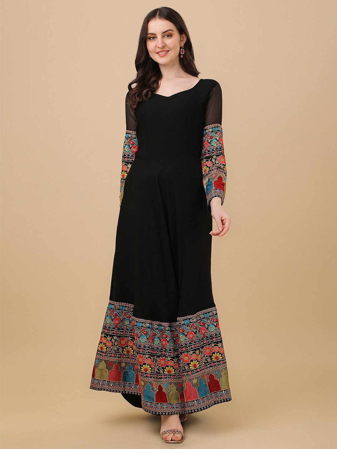 

Vidraa Western Store Ethnic Motifs Embroidered Georgette Maxi Ethnic Dress, Black