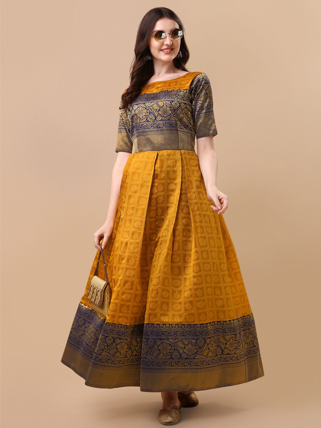 

Vidraa Western Store Ethnic Motifs Woven Design Jacquard Maxi Dress, Mustard