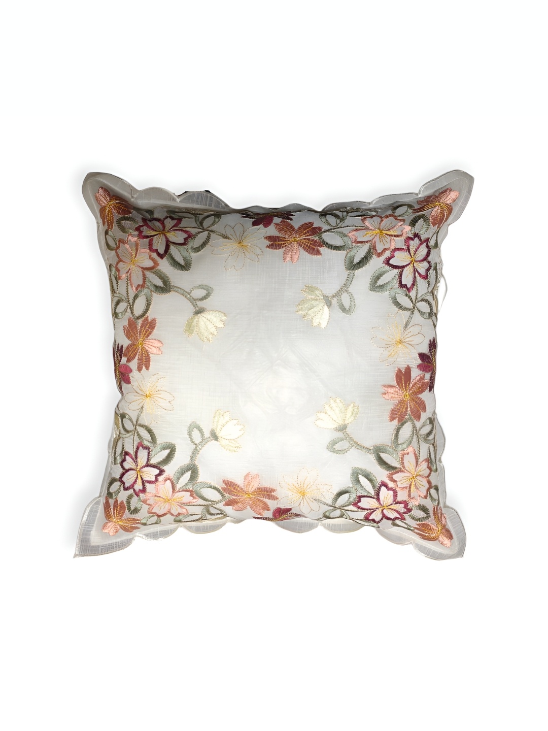 

MONKDECOR Off White & Maroon Floral Embroidered Square Cushion Cover